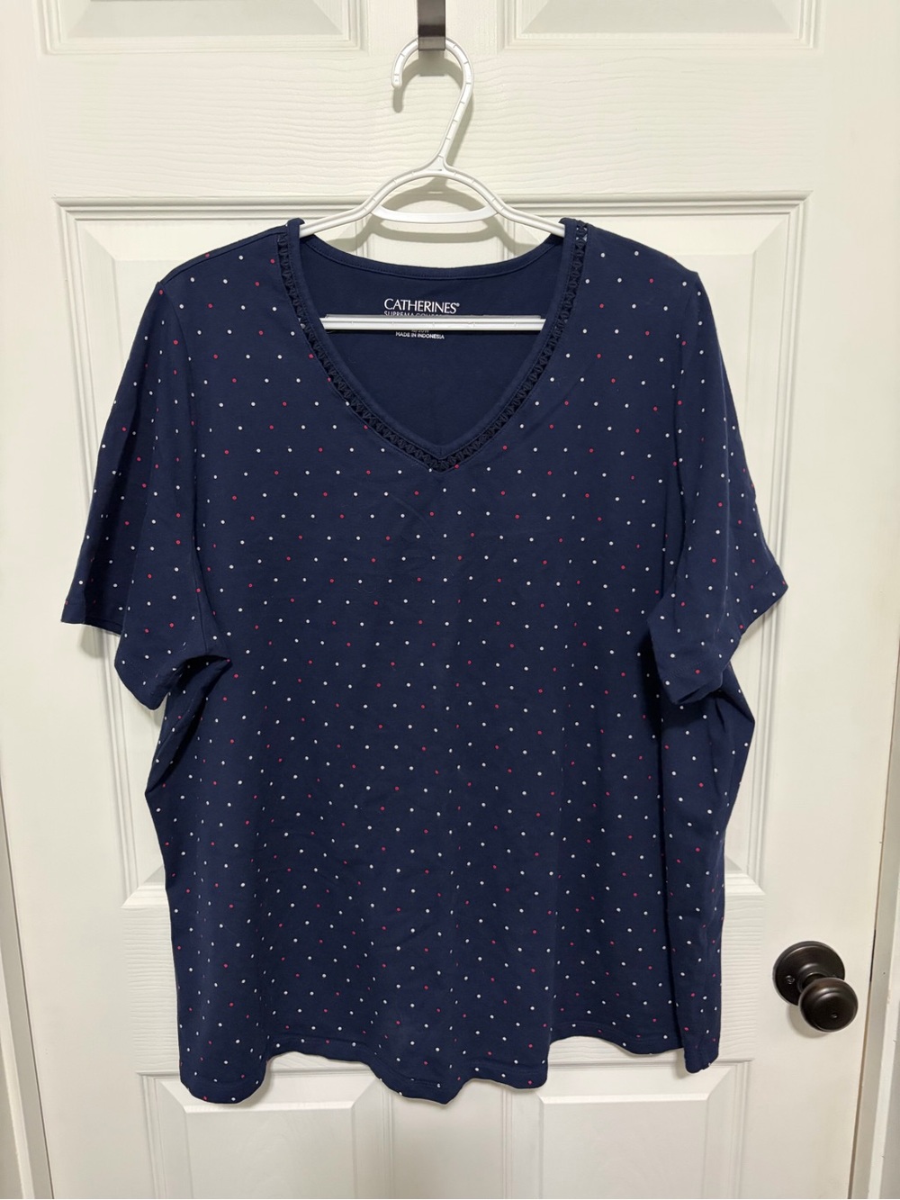Catherines Navy V-Neck Short Sleeve Top with Red and White Dots